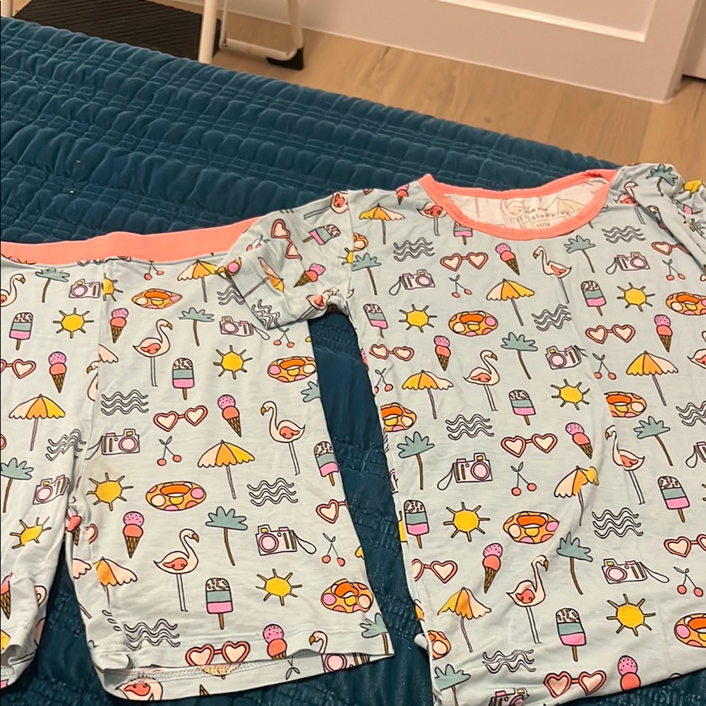 Little Sleepies Blue and Pink Pajama Set Whimsical Cartoon Print